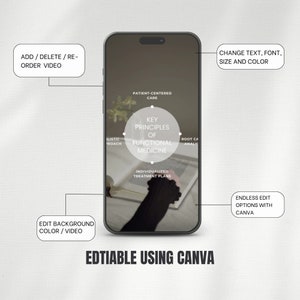 Pu&ograve; includere: Un mockup di uno smartphone con uno sfondo bianco e il testo "KEY PRINCIPLES OF FUNCTIONAL MEDICINE" in un cerchio. Il testo "EDTIABLE USING CANVA" &egrave; nella parte inferiore dell'immagine. L'immagine mostra come modificare una grafica usando Canva.