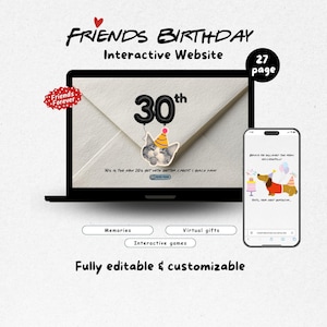 May include: A 27-page interactive birthday website template displayed on a laptop and smartphone. The screen shows a 30th birthday theme with a cat wearing a party hat, balloons, and text. Buttons for memories, virtual gifts, and games are included.