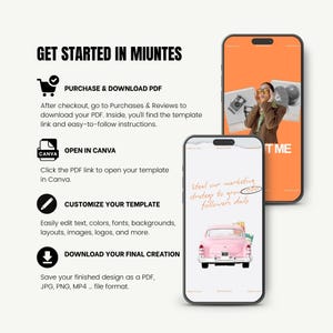 May include: A digital marketing template displayed on two smartphones. The text reads "Get Started in Minutes" and includes instructions for downloading and customizing a PDF template. One phone shows a pink car graphic, the other shows a person.