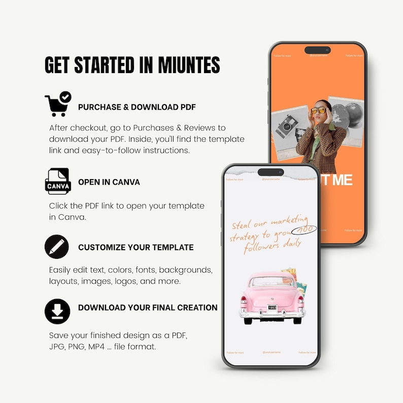 May include: A digital marketing template displayed on two smartphones. The text reads "Get Started in Minutes" and includes instructions for downloading and customizing a PDF template. One phone shows a pink car graphic, the other shows a person.