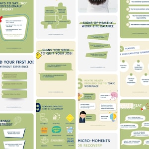 Puede incluir: Una colección de infografías educativas con fondos en verde salvia y crema con texto en azul oscuro. Los gráficos muestran temas de desarrollo profesional, incluyendo el equilibrio entre trabajo y vida personal y la salud mental.