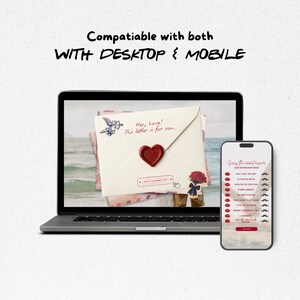以下が含まれることがあります： ノートパソコンとスマートフォンに表示されたバレンタインデーのデジタルゲーム。パソコンの画面には「Hey, Love! This letter is for you.」という文字と赤いハートの封蝋が施された封筒が表示されています。スマートフォンの画面にはクイズが表示されています。