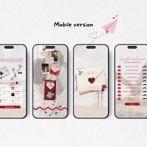 以下が含まれることがあります： ロマンチックなテーマのデジタルテンプレートを表示する4つのスマートフォン画面。画面には「Mobile version」、「Listen to our playlist」、「How it started」、「This letter is for you」、「Guess the correct answer」というテキストと、赤い唇と口ひげのアイコンが表示されています。