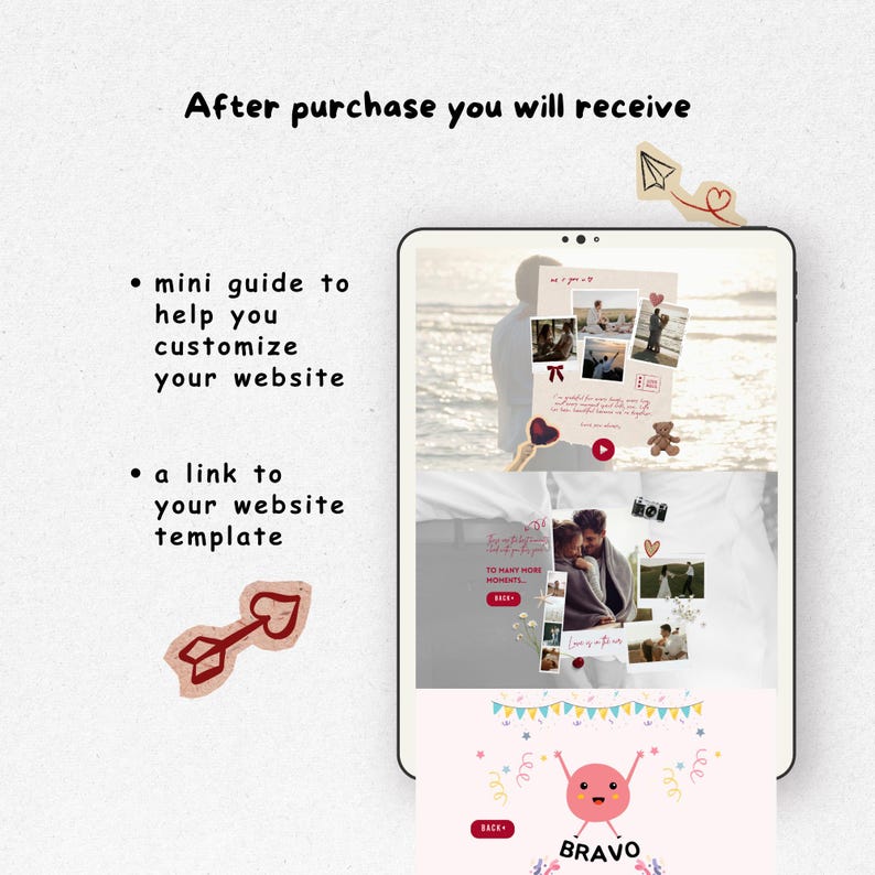 以下が含まれることがあります： 写真コラージュ、テキスト、装飾アイコンを含むウェブサイトテンプレートを表示するデジタルタブレット。画面には、After purchase you will receive、mini guide to help you customize your website、a link to your website templateなどのテキストが表示されています。