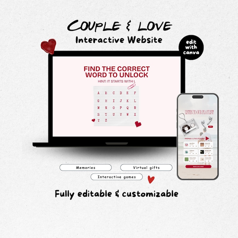 以下が含まれることがあります： COUPLE & LOVEというタイトルのインタラクティブなウェブサイトを表示する黒いノートパソコンとスマートフォン。画面にはFIND THE CORRECT WORD TO UNLOCKおよびHINT: IT STARTS WITH Lというテキストの単語パズルが表示されています。スマートフォンにはプレイリストのインターフェースが表示されています。