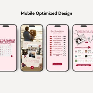 May include: Four smartphones displaying a mobile-optimized design. The screens show interactive games and playlists, with text like "Guess the correct answer" and "Listen to our playlist." The design incorporates pink and white elements.