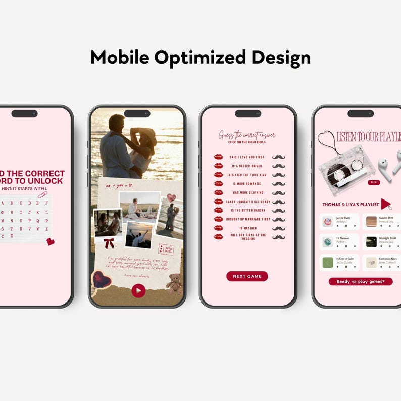 May include: Four smartphones displaying a mobile-optimized design. The screens show interactive games and playlists, with text like "Guess the correct answer" and "Listen to our playlist." The design incorporates pink and white elements.
