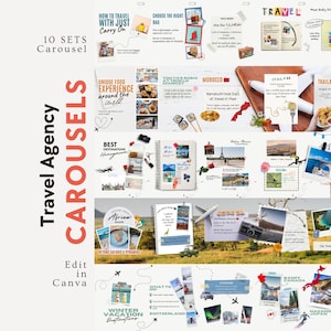 May include: A travel agency carousel design featuring travel-related images and text. The design includes text such as "Travel Agency Carousels", "Best Destinations Honeymoon", and "Winter Vacation Destinations". The design is edited in Canva.