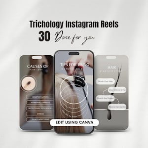 May include: Three phone screen mockups with information about hair care. The first screen is titled "Causes of Hair Loss" and lists genetic factors, hormonal changes, nutritional deficiencies, stress, and scalp infections. The second screen is titled "Tips for Using Natural Oils" and shows a hand applying oil to hair. The third screen is titled "Hair Elasticity Test" and shows a strand of hair being stretched.