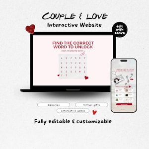 Pode incluir: Um portátil preto e um smartphone exibem um site interativo intitulado COUPLE & LOVE. O ecrã mostra um jogo de palavras com o texto FIND THE CORRECT WORD TO UNLOCK e HINT: IT STARTS WITH L. O telemóvel mostra uma interface de lista.