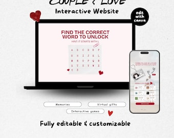 Plantilla web de aniversario, revista digital de amor para parejas, regalo virtual interactivo y personalizado de San Valentín para relaciones a distancia para ella/él.