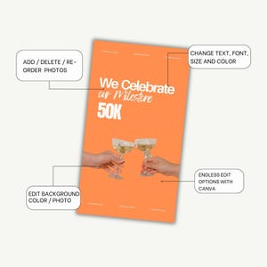 May include: Orange poster with the text "We Celebrate our Milestone 50K". Two hands holding champagne glasses are visible. The poster includes options to edit the background color, text, font, size, and color.