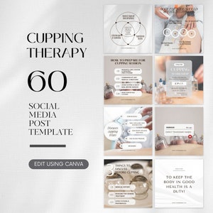 May include: A social media post template for cupping therapy. The template includes six different images with text about cupping therapy, including the benefits, how to prepare for a session, and things to discuss before a session. The template is designed to be used on social media platforms like Instagram and Facebook.