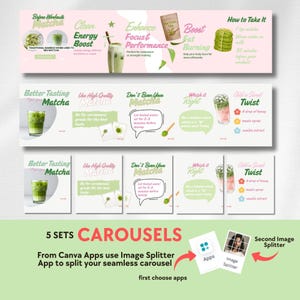 May include: A digital infographic set for matcha tea featuring instructional text, green and pink color schemes, and illustrations of matcha drinks, bamboo whisks, and preparation steps. The text includes headers like Before Workout Matcha, Better Tasting Matcha, and Add a Sweet Twist.