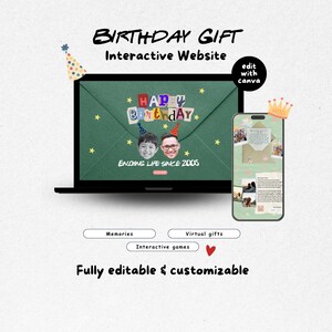 Puede incluir: Una plantilla de sitio web interactivo para regalo de cumpleaños mostrada en una laptop y un smartphone. El diseño incluye un sobre verde, fotos de dos personas con gorros de fiesta y el texto "HAPPY BIRTHDAY" y "ENJOYING LIFE SINCE 2005".