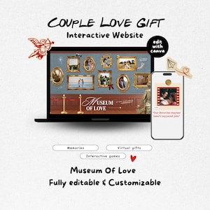 May include: A digital template for a Museum of Love interactive website displayed on a laptop and smartphone. The design features gold-framed photo galleries, red velvet stanchions, and customizable text fields including Our favorite chapter hasn't happened yet.