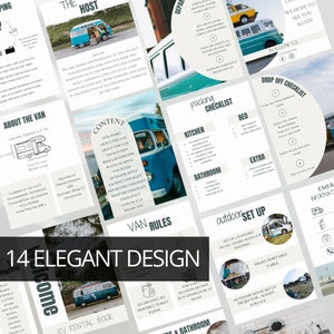 Op de afbeelding: Een collage van 14 afbeeldingen in een teal- en wit kleurenschema, met een vintage camperbus en tekst over vanlife. De tekst omvat "The Host", "About the Van", "Content", "Packing Checklist", "Van Rules", "Drop Off Checklist", "Outdoor Set Up", "RV Rental Book" en "14 Elegant Design".