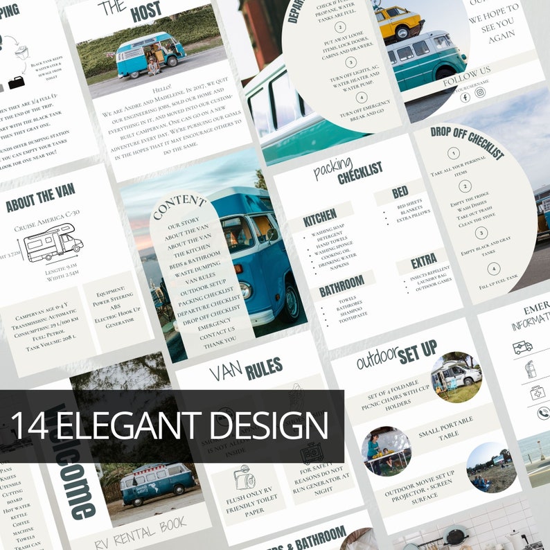 Op de afbeelding: Een collage van 14 afbeeldingen in een teal- en wit kleurenschema, met een vintage camperbus en tekst over vanlife. De tekst omvat "The Host", "About the Van", "Content", "Packing Checklist", "Van Rules", "Drop Off Checklist", "Outdoor Set Up", "RV Rental Book" en "14 Elegant Design".