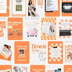 May include: A collection of orange and white social media graphics with text. The graphics include phrases like "We Celebrate our Milestone 50K", "Ready to take your brand to the next level?", and "Time is Ticking". Other graphics feature a pink car and a woman in a suit.