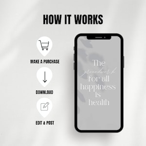 Pu&ograve; includere: Uno schermo di telefono bianco con il testo "The groundwork for all happiness is health" visualizzato su uno sfondo grigio. Il telefono &egrave; circondato da uno sfondo bianco con un effetto ombra. Sotto il telefono, ci sono tre icone: un carrello della spesa, una freccia verso il basso e una matita in un quadrato. Il testo "How it works" &egrave; nella parte superiore dell'immagine.