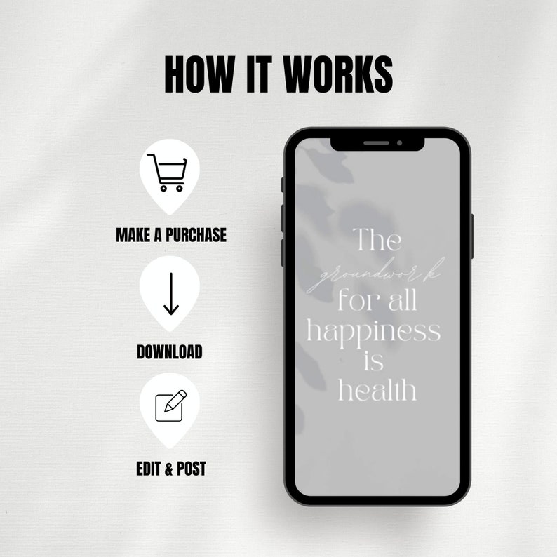 Pu&ograve; includere: Uno schermo di telefono bianco con il testo "The groundwork for all happiness is health" visualizzato su uno sfondo grigio. Il telefono &egrave; circondato da uno sfondo bianco con un effetto ombra. Sotto il telefono, ci sono tre icone: un carrello della spesa, una freccia verso il basso e una matita in un quadrato. Il testo "How it works" &egrave; nella parte superiore dell'immagine.