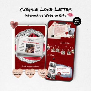 Può includere: Un modello di sito web interattivo digitale come regalo per coppie, visualizzato su tablet e smartphone. Gli schermi mostrano sfondi rossi con collage di foto, testo in stile giornale 'NEWS a story of two love birds' e icone a forma di cuore. Include etichette per condividere ricordi e album.
