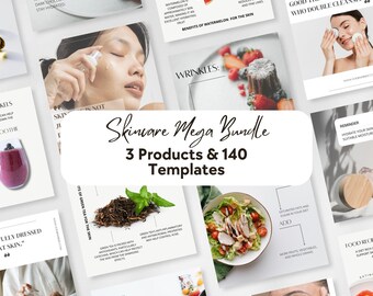 May include: A digital Skincare Mega Bundle featuring 3 products and 140 templates. The collection includes various social media graphics with text about skincare, healthy food, and beauty tips, displayed in a grid layout with white backgrounds.
