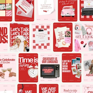 May include: A collage of red and pink social media graphics with various text overlays. The graphics include phrases like "Let's Talk," "Creativity is Our Language," and "Coming Soon." Other images include a pink car, a typewriter, and a vintage television.