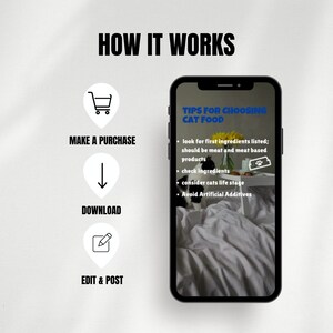 以下が含まれることがあります： 猫の餌を選ぶためのヒントが表示されたスマートフォンの画面。ヒントには、肉ベースの成分を探すこと、成分を確認すること、猫のライフステージを考慮すること、人工添加物を避けることが含まれます。画面は、白黒の猫が背景にいる白いベッドの上にあります。