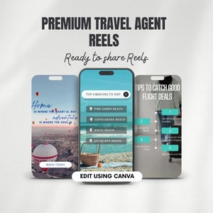 May include: Three phone screen mockups with travel-themed content. The first screen has a photo of hot air balloons and the text "Home is where the heart is, but adventure is where the soul is." The second screen has a list of "Top 4 Beaches to Visit" with the names of beaches in pink text. The third screen has the text "Tips to Catch Good Flight Deals" with a list of tips in blue text.
