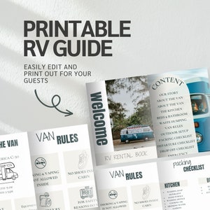 Op de afbeelding: Printbare RV-gids met een welkomstsectie, vanregels en een paklijst. De gids bevat informatie over de camper, de keuken, de bedden en de badkamer, het legen van afvalwater en de buitenopstelling. De gids is ontworpen om gemakkelijk te bewerken en af te drukken voor gasten.