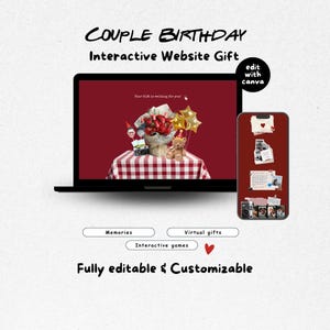 Peut inclure: Un ordinateur portable et un smartphone affichant un modèle de site web interactif pour anniversaire de couple. L'écran montre un fond rouge avec un bouquet, un ours en peluche et des photos. Le texte inclut "COUPLE BIRTHDAY", "Interactive Website Gift", "edit with canva", "Memories", "Virtual gifts", "Interactive games" et "Fully editable & Customizable".