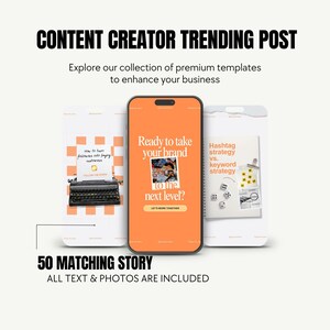 May include: An image with the text "CONTENT CREATOR TRENDING POST" and "Explore our collection of premium templates to enhance your business." The image shows three phone screens with templates, including a typewriter and the text "Ready to take your brand to the next level?"