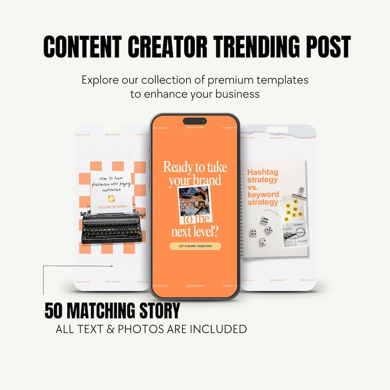 May include: An image with the text "CONTENT CREATOR TRENDING POST" and "Explore our collection of premium templates to enhance your business." The image shows three phone screens with templates, including a typewriter and the text "Ready to take your brand to the next level?"