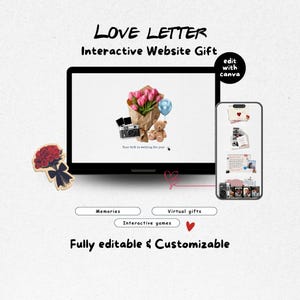 Puede incluir: Una plantilla de regalo de sitio web interactivo Love Letter con una pantalla de portátil y smartphone. La pantalla muestra un ramo de tulipanes rosas, un osito de peluche, una cámara y un globo azul. El texto incluye Love Letter, Interactive Website Gift, edit with canva, Memories, Virtual gifts, Interactive games y Fully editable & Customizable.