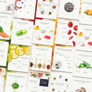 May include: A collection of educational infographics on a white background. The infographics cover topics such as vitamin deficiencies, sources of vitamins, and the nutritional content of various foods. The images include text and illustrations of fruits, vegetables, and supplements.