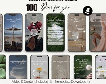 100 Mental Health Instagram Reels, Anxiety Therapist Social Media Content, Phycologist Counselor Short Reels