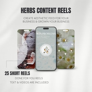 May include: A phone screen displaying a graphic with the text "Skin Problems Can Be Treated With Herbs" and a list of skin conditions. The graphic is surrounded by a light blue background. The phone is on a white background with the text "Herbs Content Reels" and "25 Short Reels" above it.