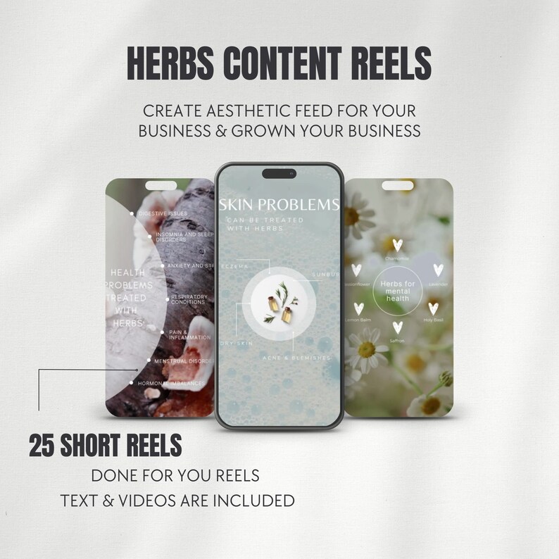 May include: A phone screen displaying a graphic with the text "Skin Problems Can Be Treated With Herbs" and a list of skin conditions. The graphic is surrounded by a light blue background. The phone is on a white background with the text "Herbs Content Reels" and "25 Short Reels" above it.