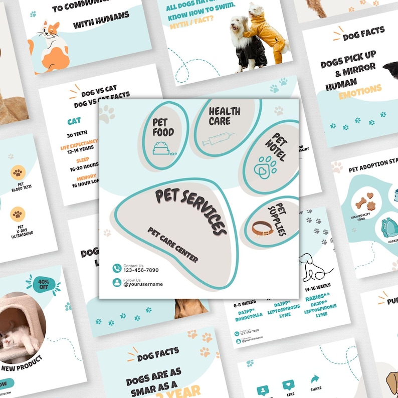 May include: A square graphic design featuring a large paw print shape divided into sections labeled Pet Food, Health Care, Pet Hotel, and Pet Supplies. The center text reads Pet Services and Pet Care Center, with contact information 123-456-7890 and @yourusername included at the bottom.