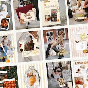 May include: A digital collage featuring twelve distinct panels with autumn-themed imagery, including text overlays like Fall Recap, Fall Mindfulness, Scents of Autumn, Fall Dairy, Fall must have's, Fall Travel Bucket List, and Monthly faves.