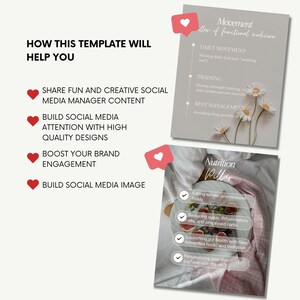 May include: A social media template with text that reads "How this template will help you." The image includes two cards with text about movement and nutrition, and a plate of food. The template is designed to help users share content, build attention, and boost engagement.