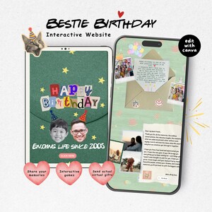 Puede incluir: Una plantilla de sitio web interactivo Bestie Birthday mostrada en una tableta y un teléfono inteligente. El diseño presenta un fondo verde con estrellas amarillas, fotos de dos personas con gorros de fiesta y el texto Happy Birthday.