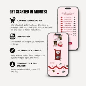May include: Two smartphones display a template design with a red and white theme. One phone shows a game with lips and mustaches, while the other shows a template with photos and text. The image includes instructions: Purchase & Download PDF, Open in Canva, Customize Your Template, and Download Your Final Creation.