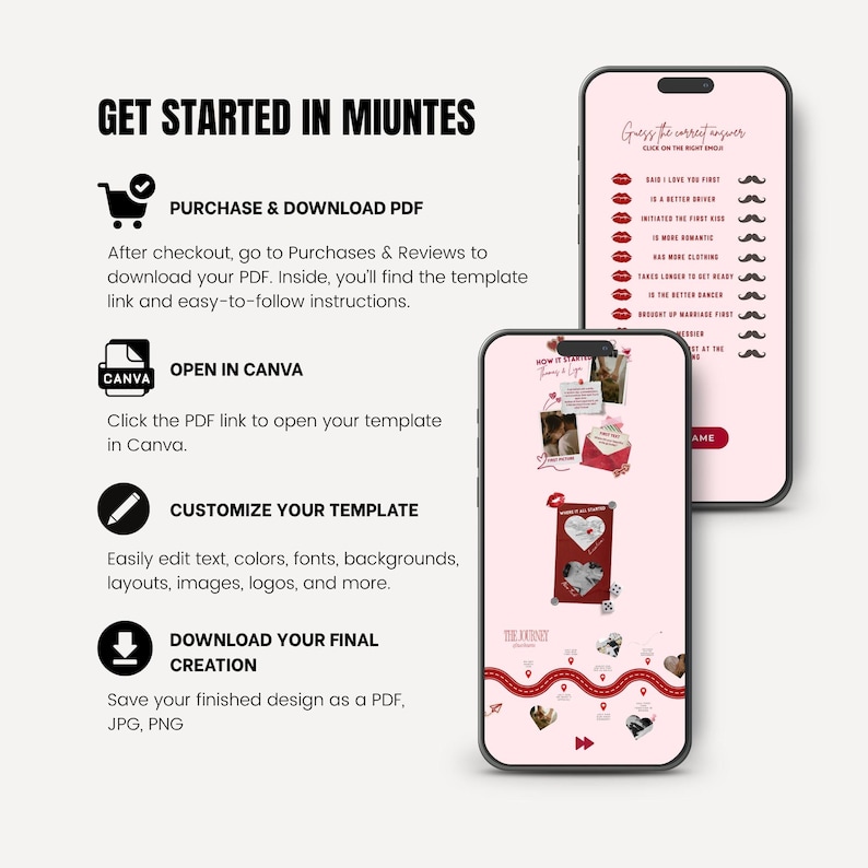 May include: Two smartphones display a template design with a red and white theme. One phone shows a game with lips and mustaches, while the other shows a template with photos and text. The image includes instructions: Purchase & Download PDF, Open in Canva, Customize Your Template, and Download Your Final Creation.