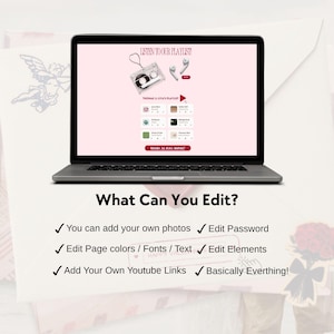 May include: A laptop displays a webpage with a pink background and a music playlist. The text "LISTEN TO OUR PLAYLIST!" is at the top, with options to edit photos, password, page colors, fonts, text, elements, and YouTube links. The text "What Can You Edit?" is at the bottom.