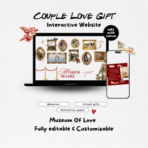 Puede incluir: Una plantilla digital para un sitio web interactivo Museum of Love, con una pantalla de portátil que muestra fotos en marcos dorados, postes de terciopelo rojo y un smartphone con interfaz roja. Incluye botones para Memories, Virtual gifts e Interactive games.