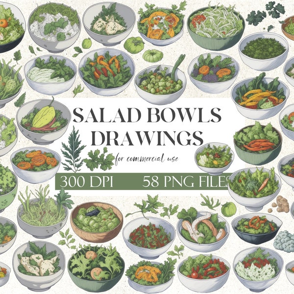 Salad Bowl Drawings Clipart Pack | 58 PNG | Organic Art Prints for Digital Projects | Kitchen Wall Decor | Instant Download | Commercial Use