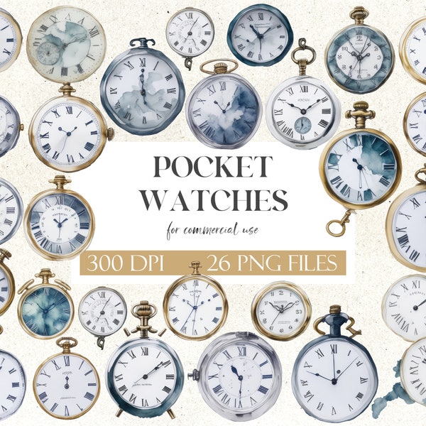 Watercolor Pocket Watches Clipart Pack | Magical Timepieces | Vintage Timepieces | Digital Download | Commercial Use