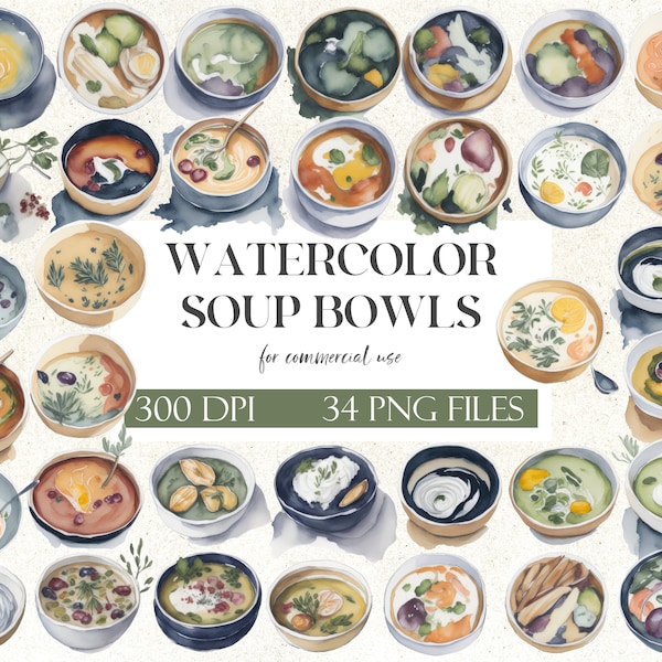 Soup Bowl Art Collection | Watercolor Clipart Pack | For Commercial Use | 34 PNG